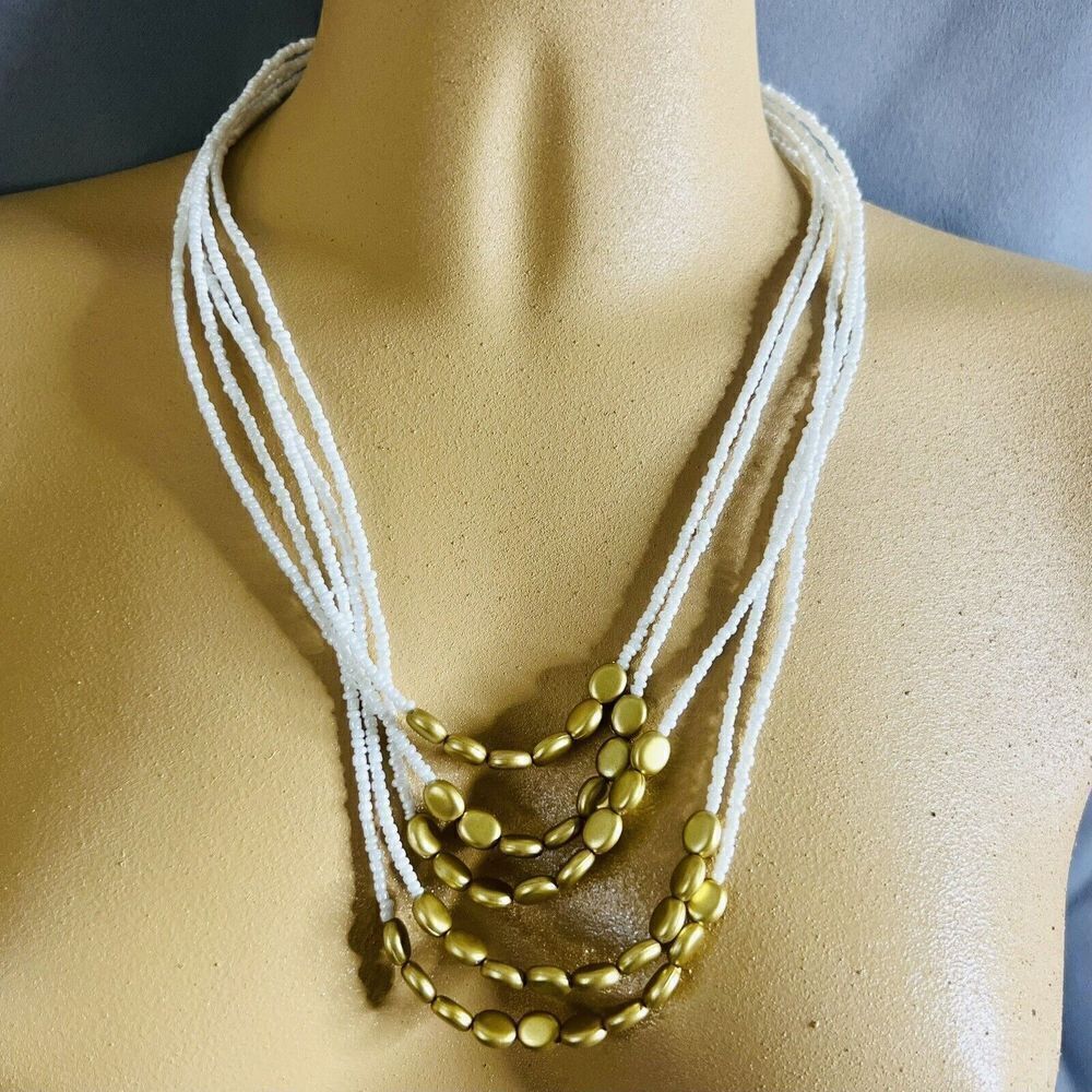 Vintage Necklace Seed Beads Gold  White Multi Strand 1096